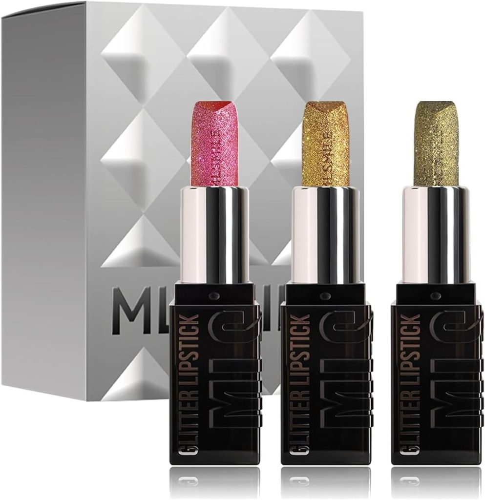 3 Colors Diamond Shimmer Metallic Lipstick Set, Long Lasting Lipstick with High Pigment and Moisturizing Formula, Non-Stick Cup Waterproof Glitter Lip Gloss