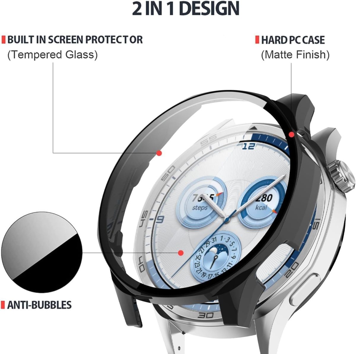 ⁦Azonee 2 Pack Case with Tempered Glass Screen Protector, Ultra Thin Scratch - Resistant Protective Case, for Huawei Watch GT 5 46 mm All-Round Protective Case (Clear+Black)⁩ - الصورة ⁦2⁩
