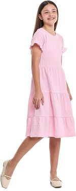 R&B Girls 125-0509Tg283-4 Textured Tiered Dress With Crew Neck And Short Sleeves