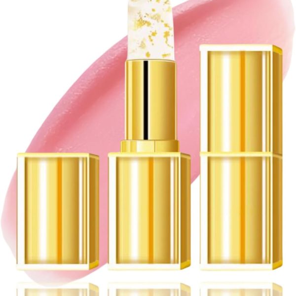 Transfer-Proof Color Changing Lipstick with Gold Foil, Gold Crystal Color Changing Lip Stick,PH Adjusting Lipsticks,Moisturizing Glossy Lip Gloss,Tinted Li/p Balm,Plumping/Glitter Lip G/loss
