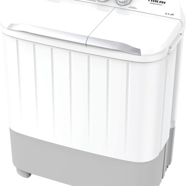 نيكاي غسالة شبه اوتوماتيكية بحوضين بوزن 6 كجم، تشغيل صامت، جسم مقاوم للصدا، غسيل سريع، NWM0800SPN24، تحميل علوي، ابيض