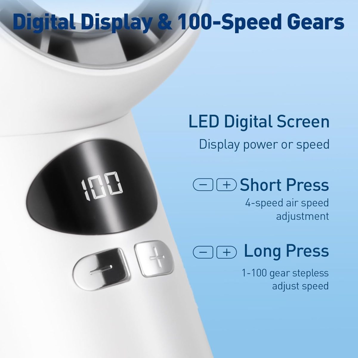 ⁦Portable Handheld Fan, 3000mAh Rechargeable Mini Turbo Fan with Digital Display, 13000 RPM High Speed, Speed Adjustable, Travel Essentials White⁩ - الصورة ⁦3⁩