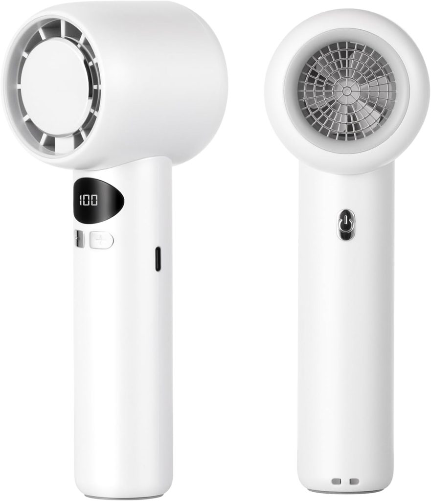 Portable Handheld Fan, 3000mAh Rechargeable Mini Turbo Fan with Digital Display, 13000 RPM High Speed, Speed Adjustable, Travel Essentials White