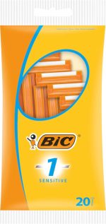 BIC 1 Sensitive Men's Razor, 20 Disposable Razors with 1 Blade Each, Grooved Plastic Handle, Ideal for on the Go
