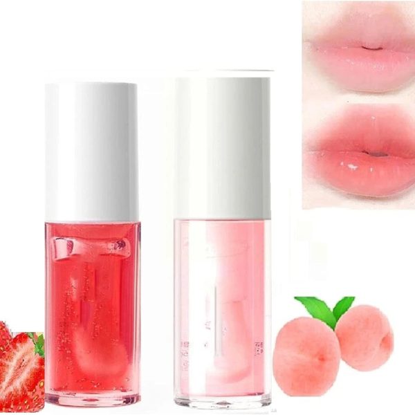 ملمع شفاه بنكهة الفواكه، زيت مرطب يدوم طويلا في الفراولة والخوخ، مرطب شفاه مغذي للحصول على لمسة نهائية ناعمة ولامعة، قطعتين