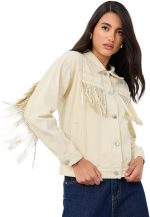 Styli Women Regular Fit Buttoned Denim Jacket with Fringes Detail XL Cream