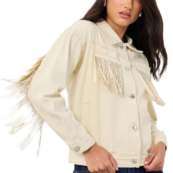 Styli Women Regular Fit Buttoned Denim Jacket with Fringes Detail XL Cream