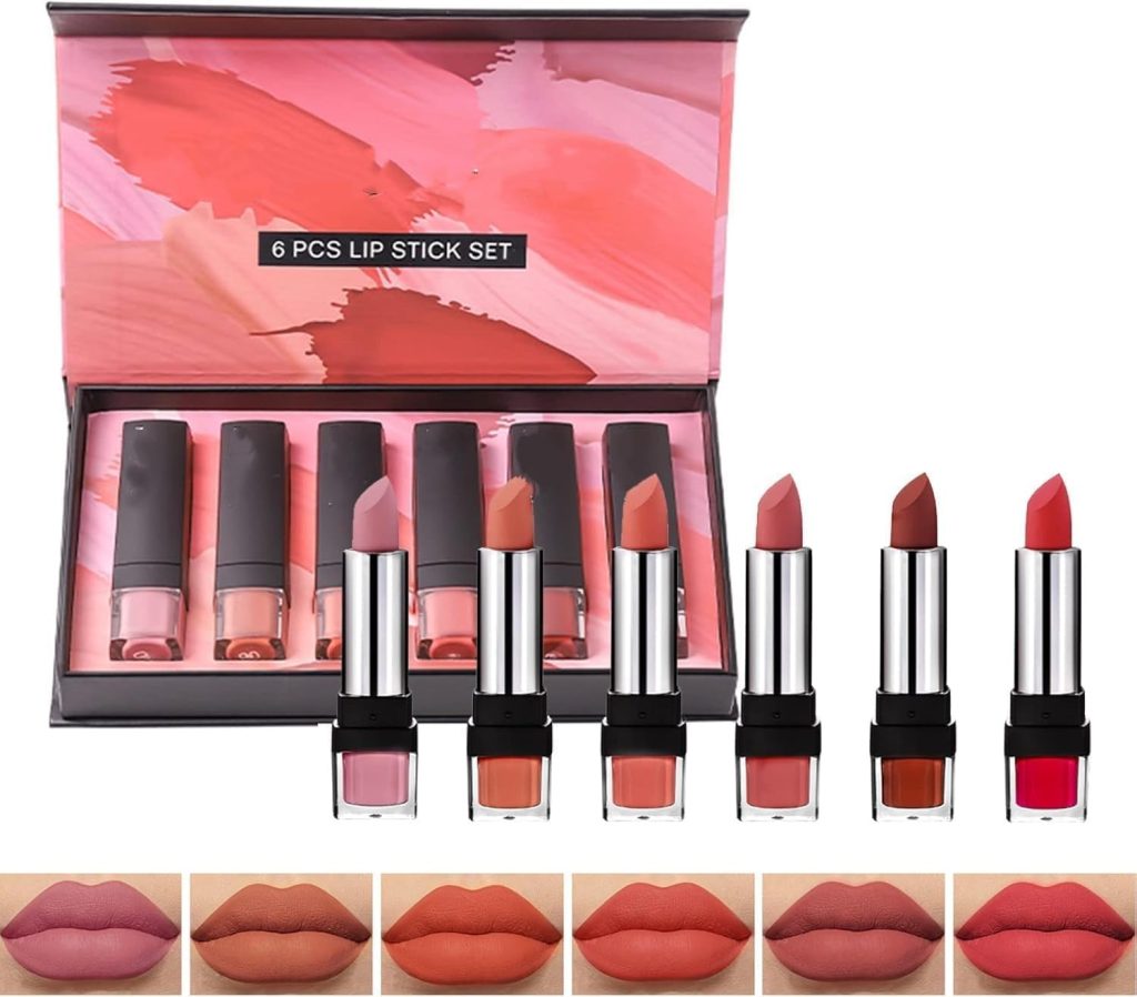 6Pcs Lipstick Makeup Set, Lip Plumping Makeup Set, Long Lasting Lip Gloss Set, Waterproof Halloween Lip Makeup Valentine's Day Gift Set for Girls and Women