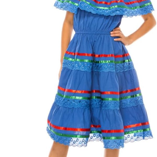 فستان مكسيكي تقليدي للبنات سينكو دي مايو فييستا من يونيك، مقاس 2-14، قطن