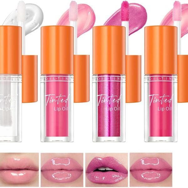LBOYLOVE® 4 PCS Tinted Lip Oil, Big Brush Head Long Lasting Hydrating Shimmery Transparent, Lip Plumper Lipgloss, Long Lasting Shimmer Plumping Lipgloss For Women and Teenage Girls (Set A)