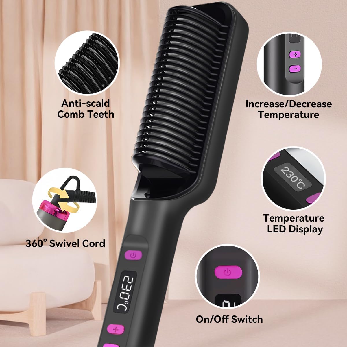 61NRPRAoe-L._AC_SL1200_.jpg فرشاة فرد الشعر من اي سي في في، مشط فرد الشعر الأيوني للنساء، مجموعة تسخين ودرجة حرارة سريعة لمدة 20 ثانية (80-230 درجة مئوية)، شاشة LED/مضادة للحروق، تصفيف الشعر في الصالون في المنزل - الصورة 7
