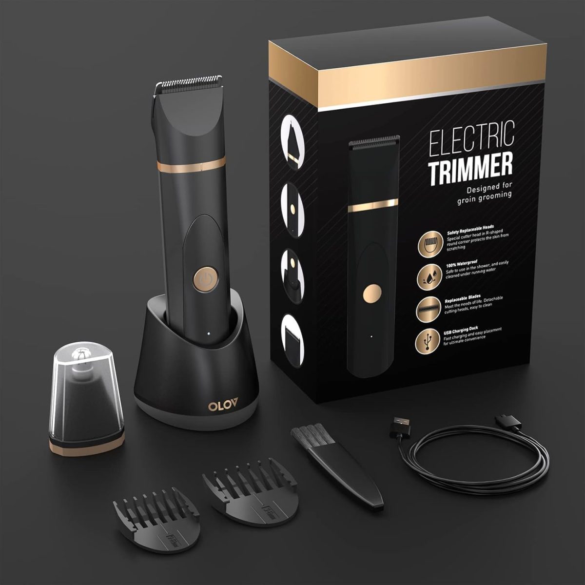 ⁦OLOV Electric Groin Hair Trimmer - Ball Trimmer for Men - Nose Hair Trimmer, Replaceable Ceramic Blade Heads, USB Recharge Dock & Nosetrimmer Head, Waterproof Male Hygiene Razor⁩ - الصورة ⁦7⁩