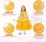 ⁦BSBUY Belle Costume, Girls Beauty and the Beast Costumes, 6 Pieces Princess Belle Dress, with Crown Wand Gloves, Girls Beautiful Dresses Set for Cosplay Christmas Party Halloween, 100⁩ - الصورة ⁦4⁩