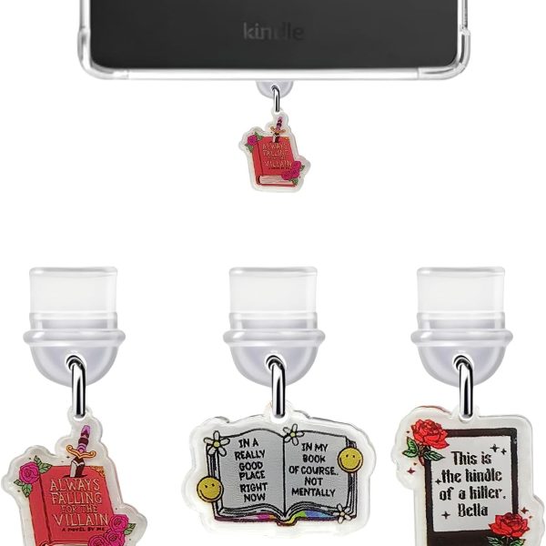 [3 عبوات] قابس غبار تي تيرسيلي لجهاز كيندل بيبر وايت الجيل 12/11/كوبو/الكتاب الاليكتروني/الجوال، ملحقات قابس غبار لطيفة USB C، ديكور لمنافذ الشحن من النوع C (بوك-1)