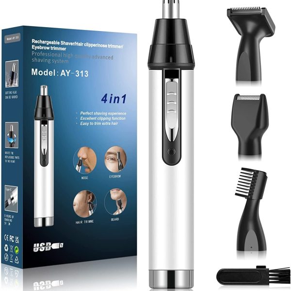 SYOSI Ear and Nose Hair Trimmer for Men,Professional USB Rechargeable Nostril Nasal Hair Vacuum Cleaning System,4 in 1 Lightweight Waterproof Hair and Beard Clippers for Women (White)