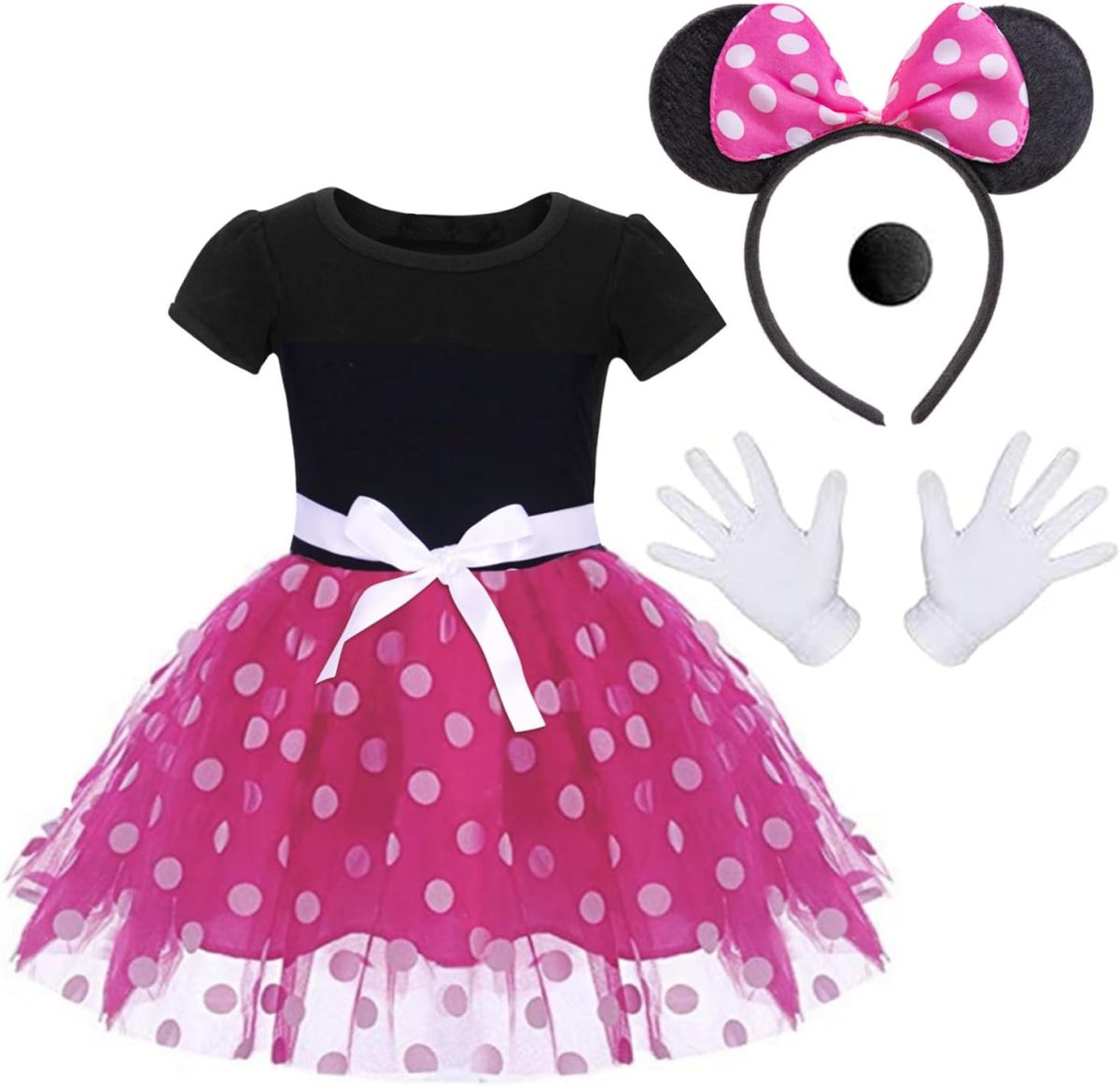 Atorcher Minnie Fancy Dress Up Costume with Mouse Ears Bowknot Hair Hoop, Gloves & Nose for Kids Girls, Halloween Birthday Party Mini Polka Dot Tutu Skirt