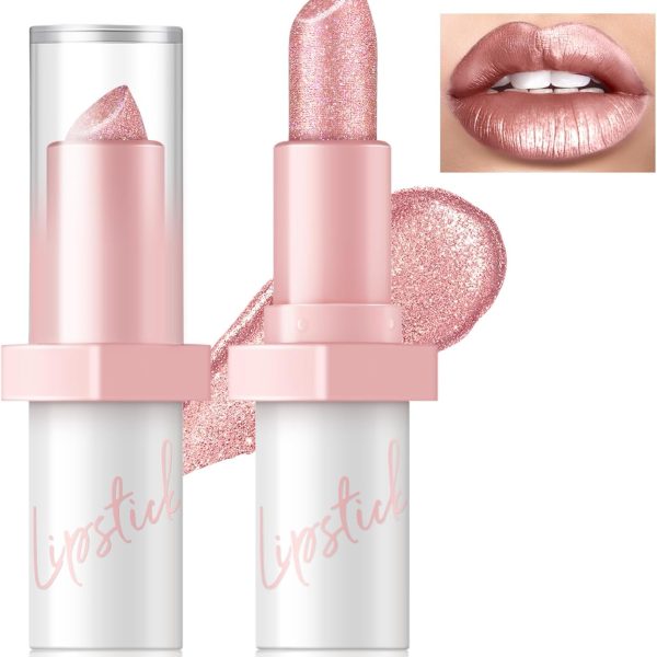 Metallic Lipstick Long Lasting, High Shine Glitter Diamond Creamy Lipstick Transfer Proof, Shimmer High Impact Lip Color Full Coverage Non Stick Cup Lightweight Lip Makeup for Women
