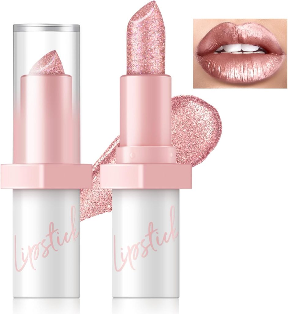 Metallic Lipstick Long Lasting, High Shine Glitter Diamond Creamy Lipstick Transfer Proof, Shimmer High Impact Lip Color Full Coverage Non Stick Cup Lightweight Lip Makeup for Women