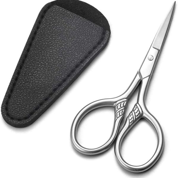 مقص دقيق وصغير، مجموعة تجميل عتيقة متعددة الأغراض من الفولاذ المقاوم للصدأ بطول 9 سم لشعر الوجه والحواجب والرموش واللحية والشارب مع غمد من البولي يوريثين من بوكيلا