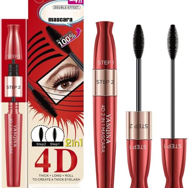 Excefore 4D Silk Fiber Lash Mascara, 2 brush heads, 2 in 1 Mascara, Lengthening and Thick, Waterproof Extra Long Lash Eyelashes, Voluminous Eyelashes, Smudge-proof (1 Pcs)