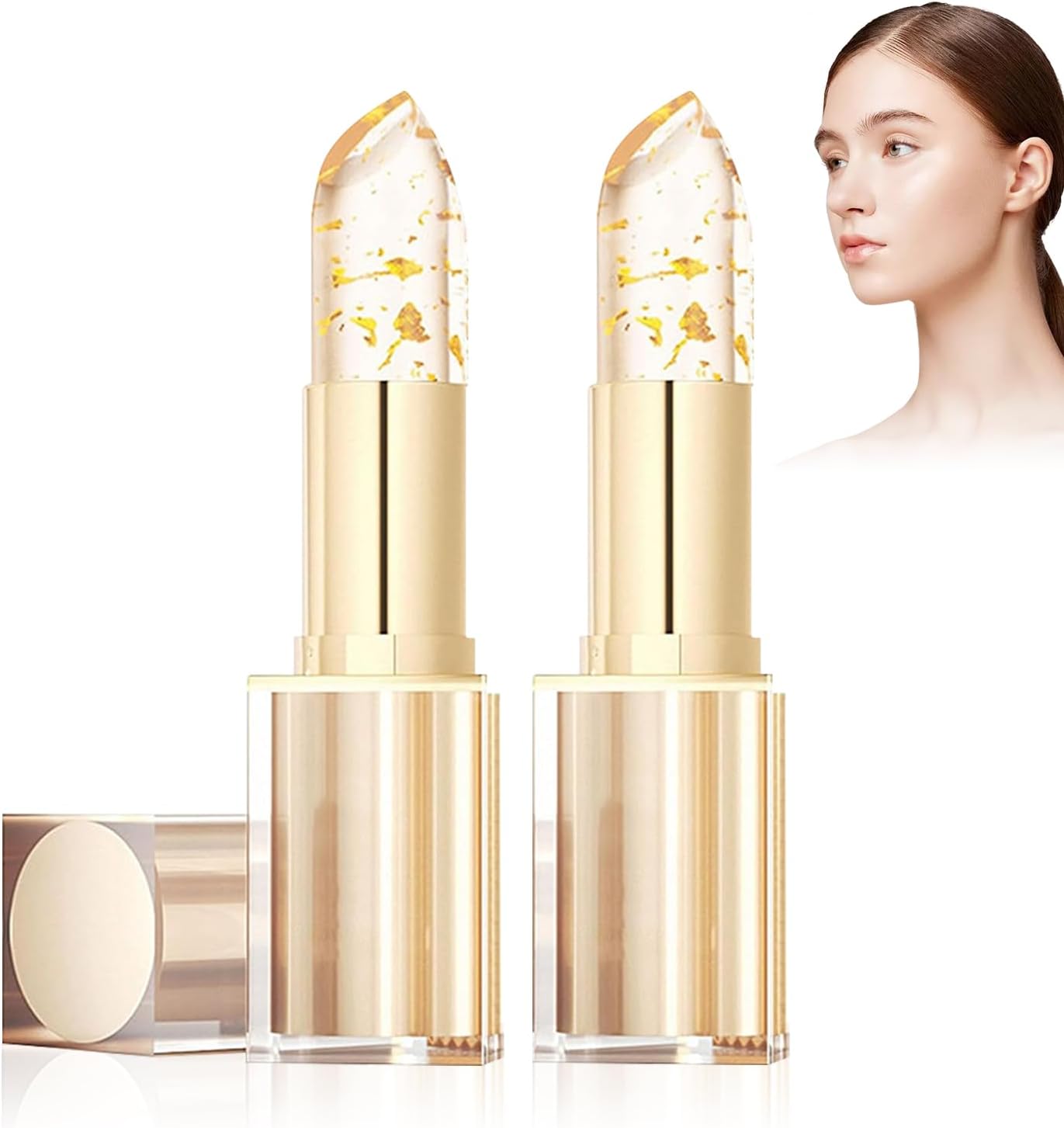 61VV0jUP5SL._AC_SL1500_.jpg احمر شفاه متغير اللون مقاوم للانتقال من قطعتين، احمر شفاه متغير اللون ذهبي كريستالي، احمر شفاه متغير اللون، مرطب شفاه يدوم طويلا، احمر شفاه شفاف يتغير لونه