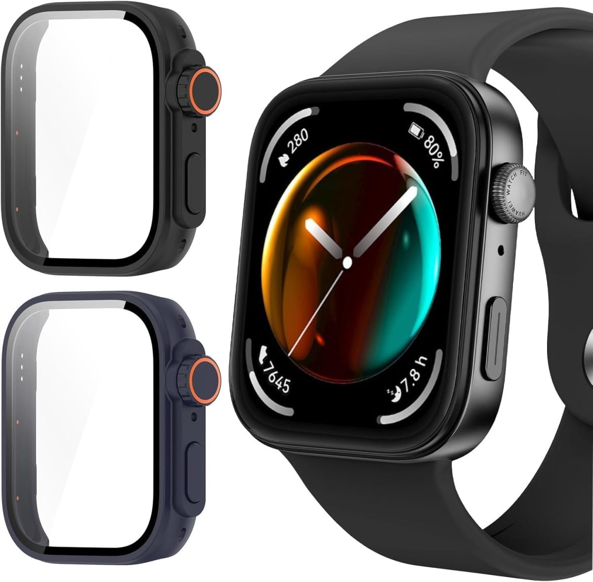 RUEKAN 2 Pack Screen Protector Case for Huawei Watch Fit 4 Pro, Hard PC Bumper Cover Built-in HD Tempered Glass Screen Protector Shell Cover (Black+Blue, Huawei Watch Fit 4 Pro)