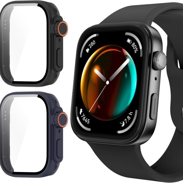 RUEKAN 2 Pack Screen Protector Case for Huawei Watch Fit 4 Pro, Hard PC Bumper Cover Built-in HD Tempered Glass Screen Protector Shell Cover (Black+Blue, Huawei Watch Fit 4 Pro)