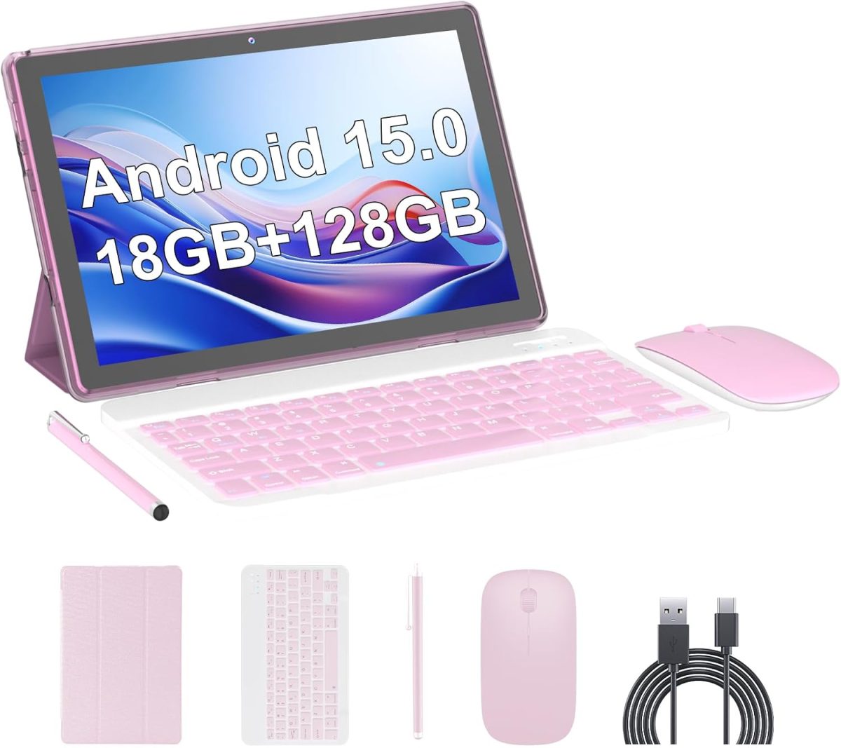 Android 15 Tablet,10 inch Tablets, 18GB RAM+128GB ROM/2TB Expandable, 2 in 1 Tablets with Keyboard Case, 1280x800 IPS Display Screen, 5G Wi-Fi6, Dual Camera, 6000mAh Battery BT5 Widevine L1 (Pink)