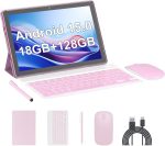 Android 15 Tablet,10 inch Tablets, 18GB RAM+128GB ROM/2TB Expandable, 2 in 1 Tablets with Keyboard Case, 1280x800 IPS Display Screen, 5G Wi-Fi6, Dual Camera, 6000mAh Battery BT5 Widevine L1 (Pink)