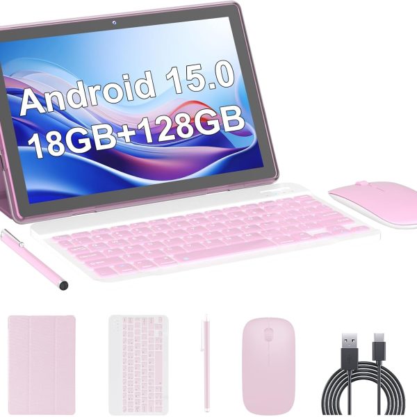 Android 15 Tablet,10 inch Tablets, 18GB RAM+128GB ROM/2TB Expandable, 2 in 1 Tablets with Keyboard Case, 1280x800 IPS Display Screen, 5G Wi-Fi6, Dual Camera, 6000mAh Battery BT5 Widevine L1 (Pink)