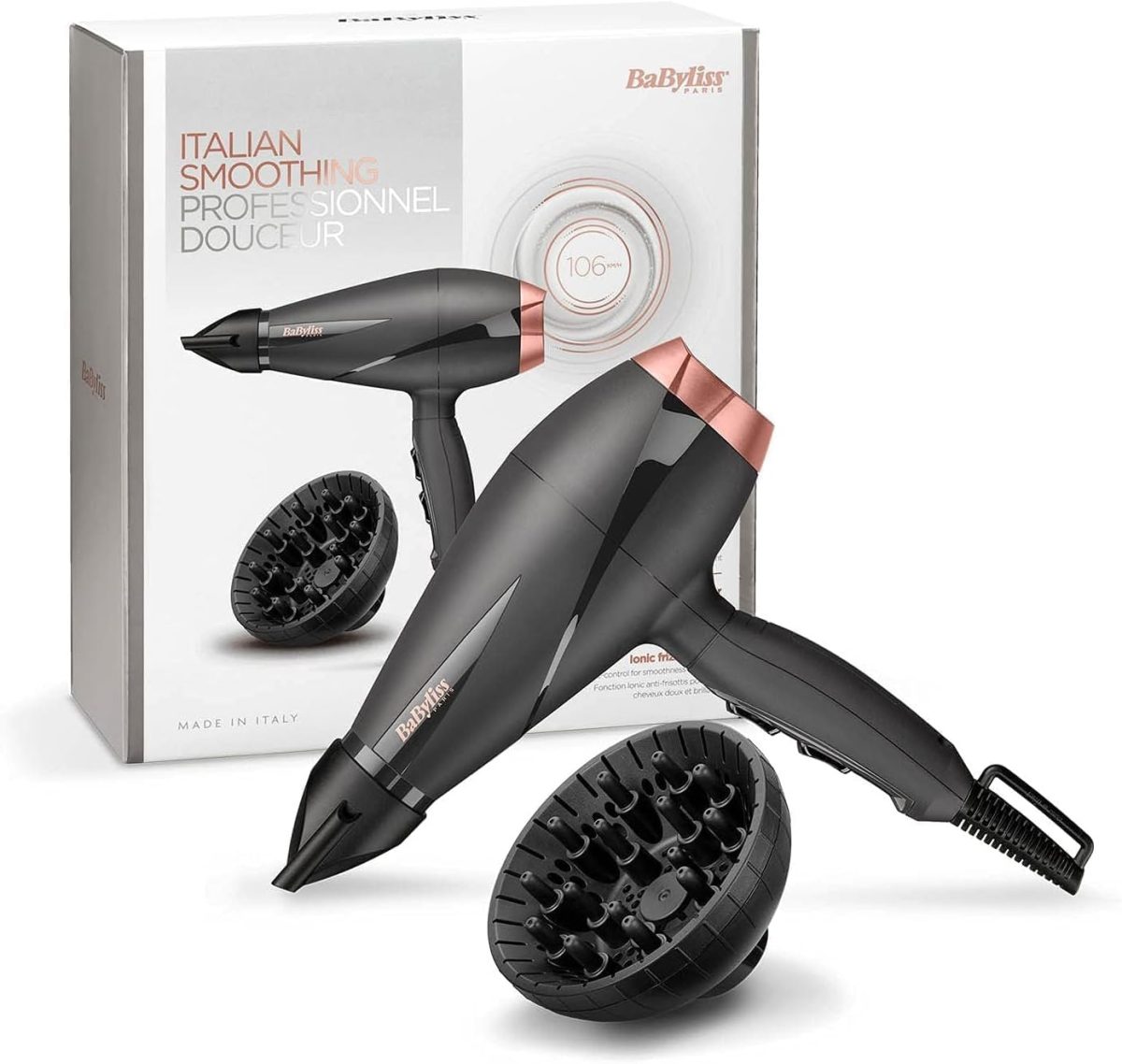 BaByliss Hair Dryer, 2100W, 2 Speed Setting, 106KM Speed Per Hour, 2 Heat, Cold Shot, Slim Concentrator Nozzle, Removable Rear Filter, 6709DSDE, Black