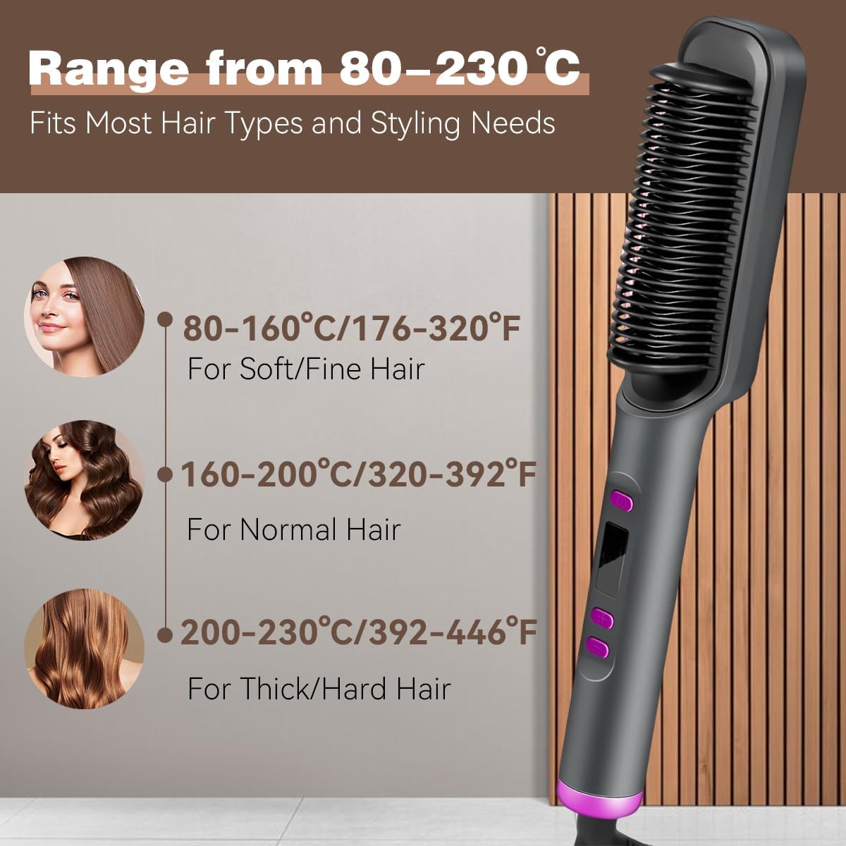 61Z1XTOYY6L._AC_SL1200_.jpg فرشاة فرد الشعر من اي سي في في، مشط فرد الشعر الأيوني للنساء، مجموعة تسخين ودرجة حرارة سريعة لمدة 20 ثانية (80-230 درجة مئوية)، شاشة LED/مضادة للحروق، تصفيف الشعر في الصالون في المنزل - الصورة 4