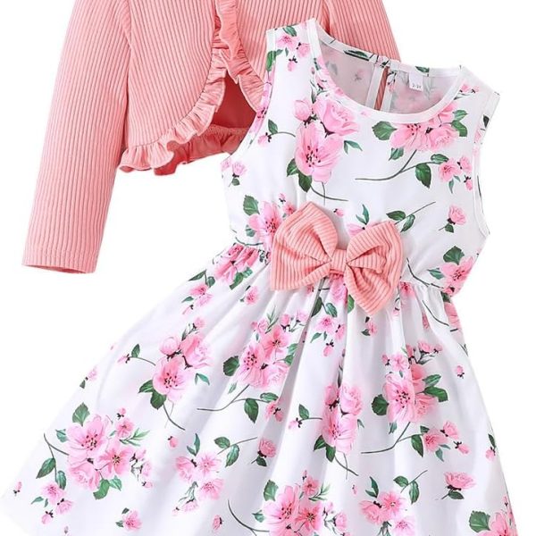 Yanmucy Little Girls Dresses with Cardigan Sets 2PCS Baby Girls Floral Dresses Kids Long Sleeve Coat Clothes for 2-12 Years