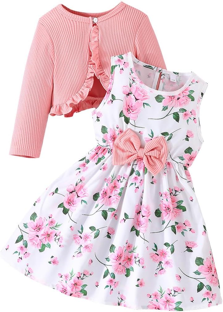 Yanmucy Little Girls Dresses with Cardigan Sets 2PCS Baby Girls Floral Dresses Kids Long Sleeve Coat Clothes for 2-12 Years