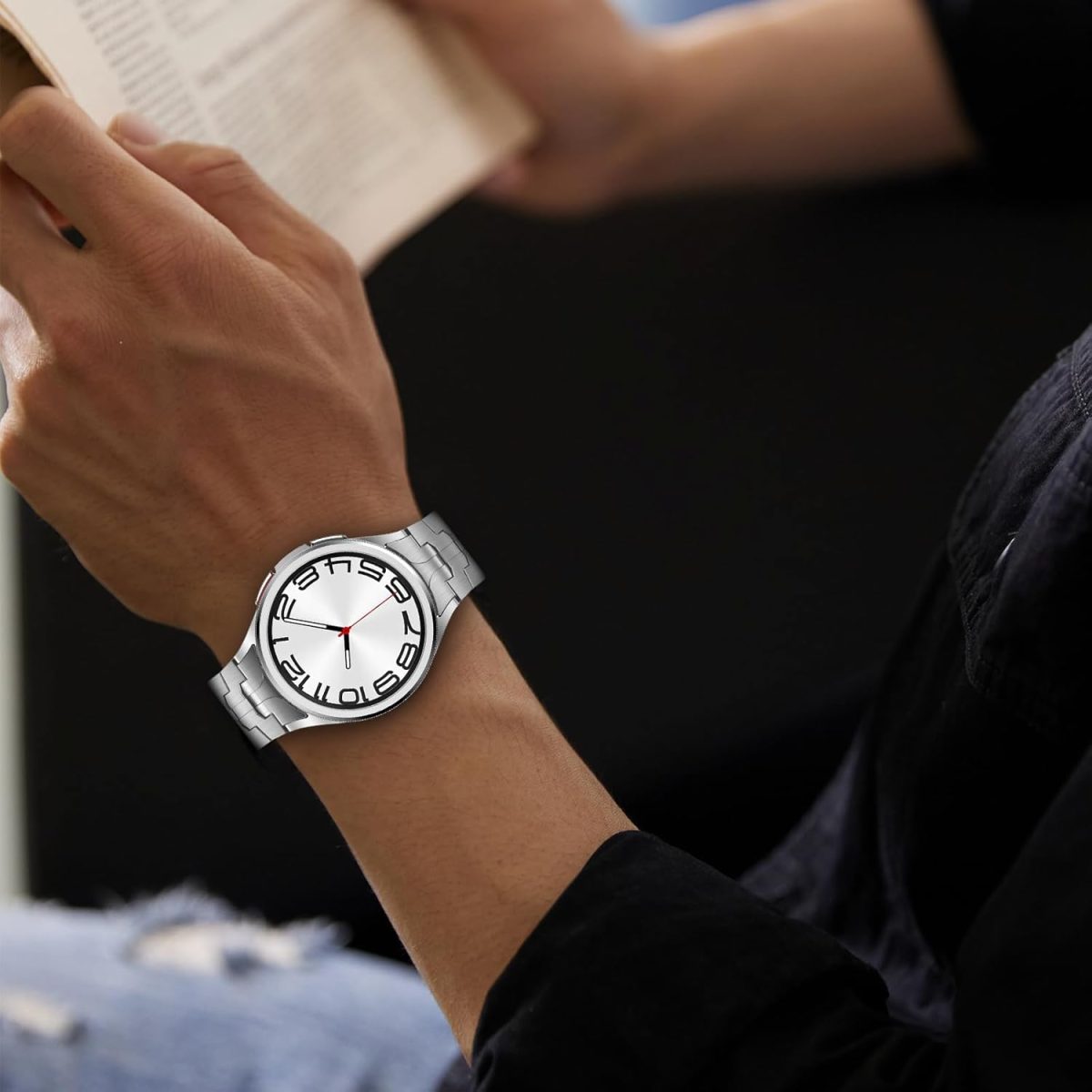 ⁦XMUXI Compatible with Samsung Galaxy Watch 6 Classic Band 43mm 47mm, No Gaps Galaxy Watch 5 Pro 45mm Galaxy Watch 7/6/5/4 40mm 44mm Samsung Watch 4 Classic Stainless Steel Metal Band⁩ - الصورة ⁦4⁩