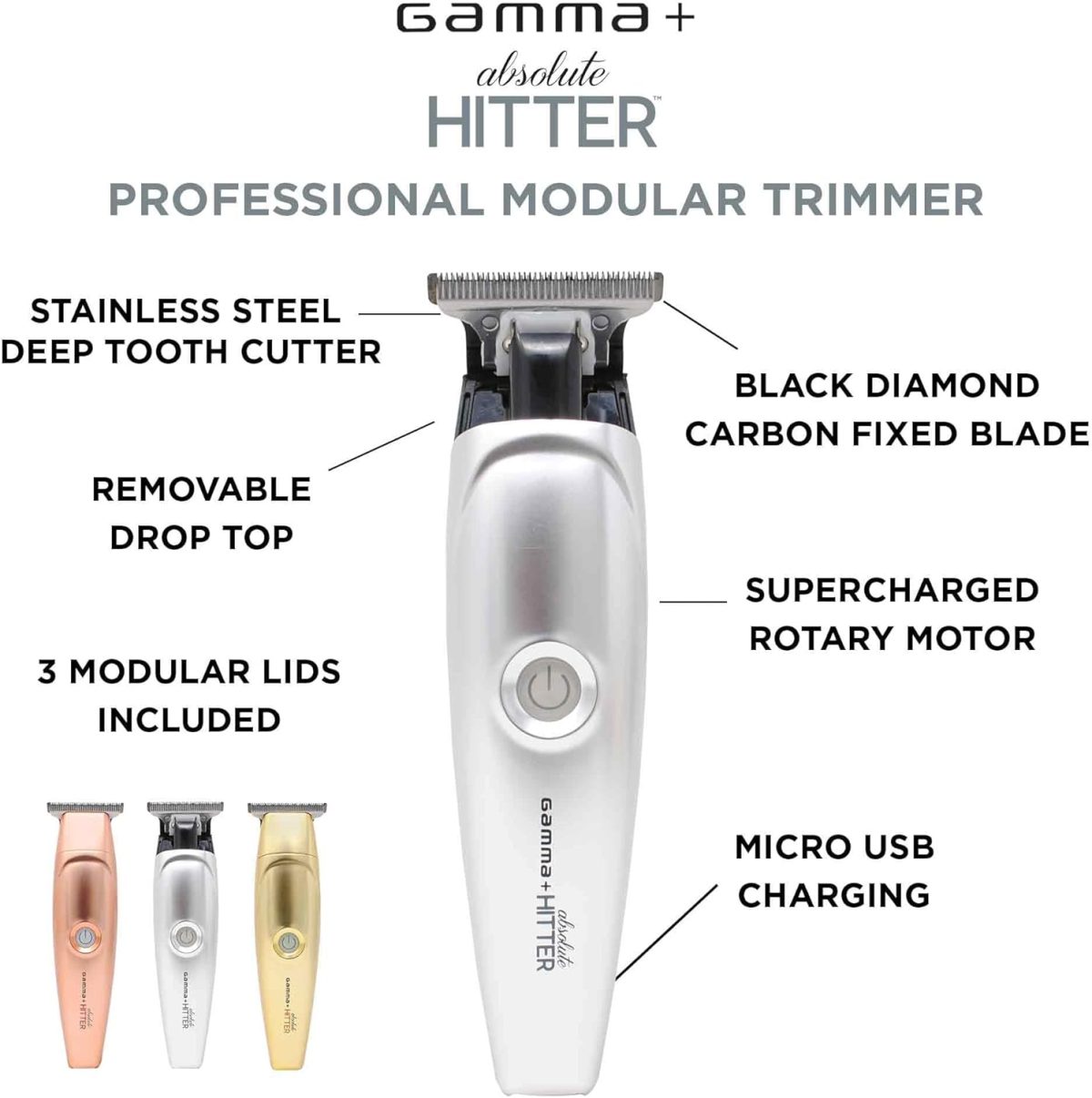 ⁦GAMMA+ Absolute Hitter Professional Cordless Hair Trimmer, Modular Color Lids, 3 Guards, 3 Modular Color Lids Included (Matte Chrome, Rose Gold, Gold)⁩ - الصورة ⁦3⁩