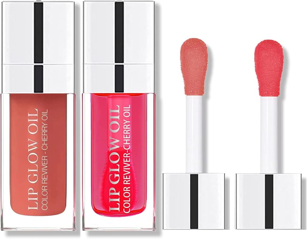 Minfei Plumping Lip Oil, Hydrating Lip Gloss Transparent Lip Blam, For Lip Care Plumping Lip Oil Not Sticky, Long Lasting Nourishing Create Glossy Shimmery Lips (Rose+Cherry Red)