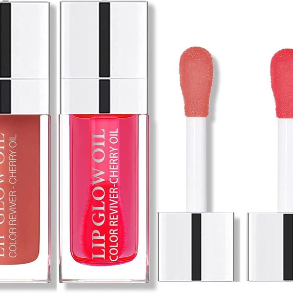 Minfei Plumping Lip Oil, Hydrating Lip Gloss Transparent Lip Blam, For Lip Care Plumping Lip Oil Not Sticky, Long Lasting Nourishing Create Glossy Shimmery Lips (Rose+Cherry Red)