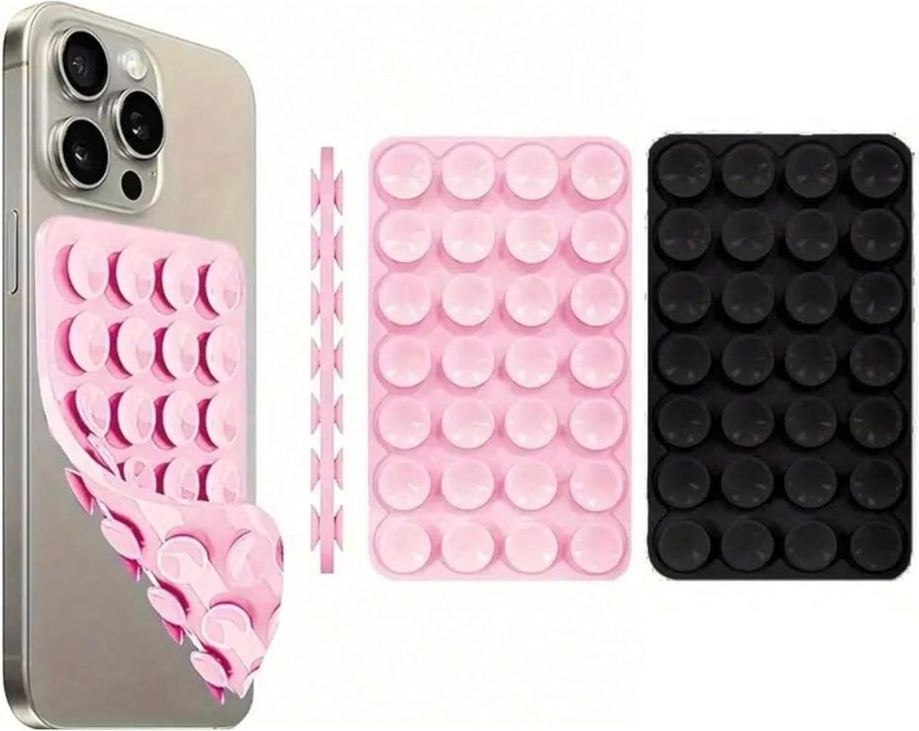 حافظة حماية مزدوجة الجوانب تثبت بالشفط من السيليكون، قابلة للغسل واعادة الاستخدام بدون استخدام اليدين لمقاطع الفيديو وصور السيلفي (قطعتان، اسود-بينك)