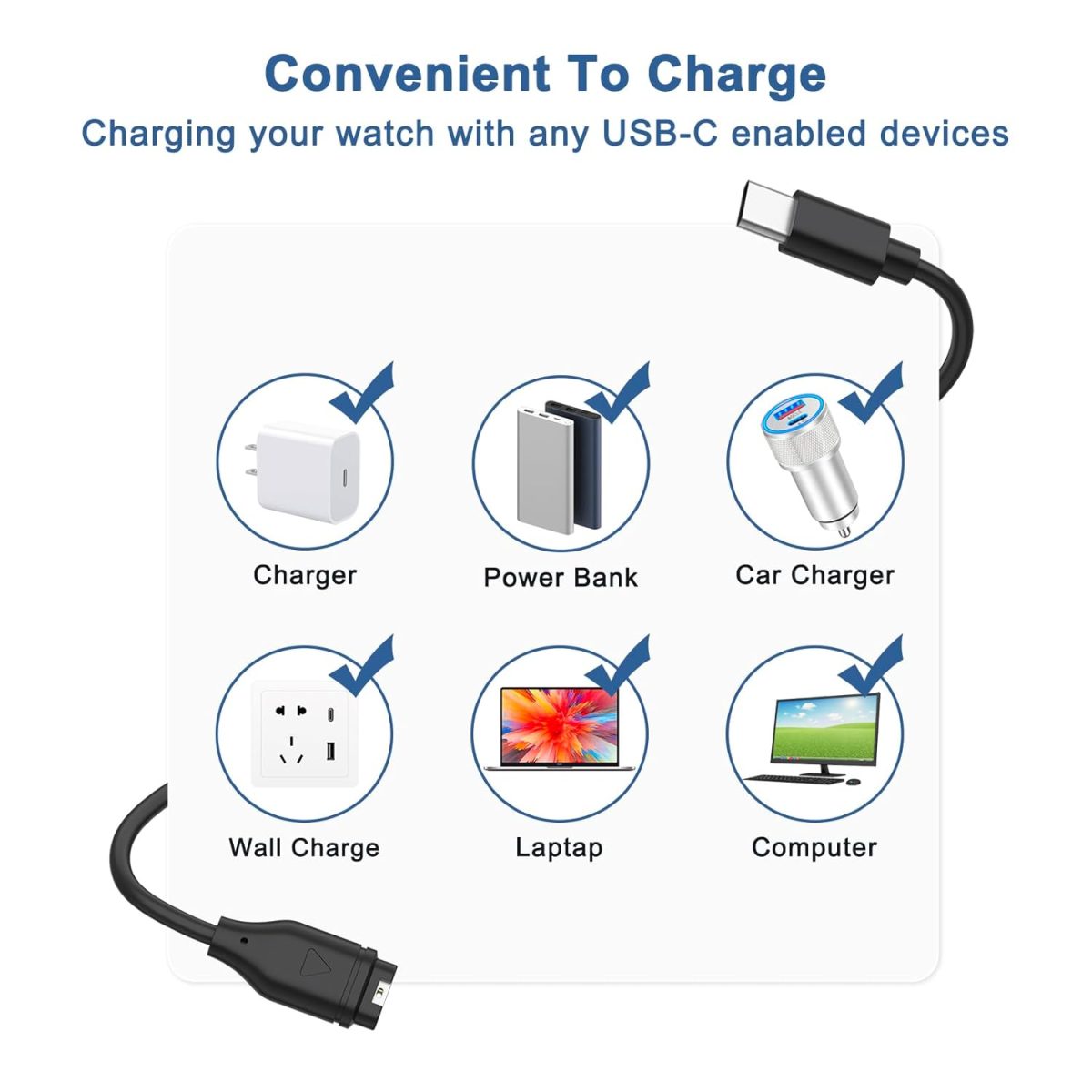 ⁦Zoye for Garmin Watch Charger, USB/Type C Charging Cable for Garmin Fenix 7 7S 7X 6 6S 6X 5 5S, Forerunner 945 45 45S 245 Music, Vivoactive 5 4 4S 3, Venu Sq 2 2S, Instinct (USB C 50CM)⁩ - الصورة ⁦4⁩