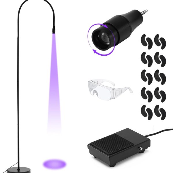 MYSWEETY UV Lash Light for Light Curing UV Eyelash Glue, 5W LED Eyelash Extensions Nail Tech Glue Lamp with Foot Pedal Control, Glue Cured in 2-3 Seconds, 10 Eye Patch+Goggles, Adjustable Spot Size