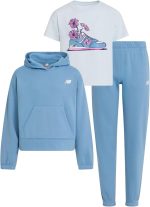 نيو بلانس بدلة رياضية للبنات من 3 قطع - طقم ملابس رياضية من مزيج القطن والصوف - بلوفر بغطاء للرأس وتيشيرت وبنطال رياضي (4-12)