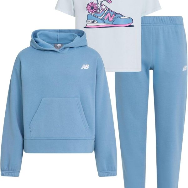 نيو بلانس بدلة رياضية للبنات من 3 قطع - طقم ملابس رياضية من مزيج القطن والصوف - بلوفر بغطاء للرأس وتيشيرت وبنطال رياضي (4-12)