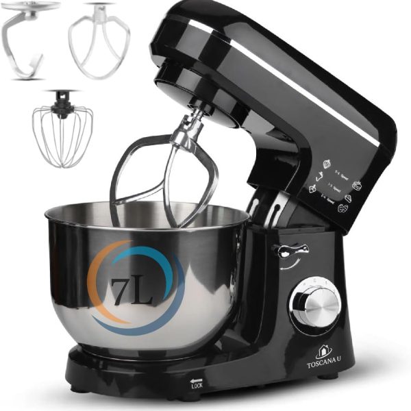 خلاط كهربائي قائم مع غطاء ومصباح LED، خلاط كهربائي 7 لتر 1400 واط بميزة التحكم في النبض ويأتي مع 3 أنواع من الأدوات، مضرب بيض وخطافين للعجين، وعاء ستانلس ستيل قابل للإزالة، طراز ST-2455