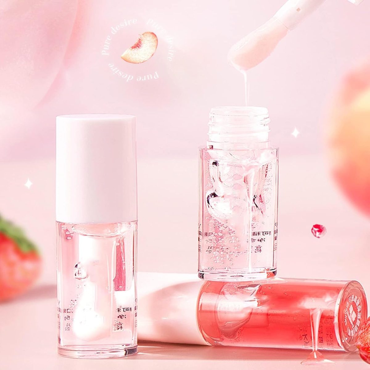 ⁦Khazna Fruity Flavors Lip Glosses, Long Lasting Moisturizing Lip Glow Transparent Lip Oil Strawberry and Peach Flavors Lip Care Lip Balm, 2Pcs⁩ - الصورة ⁦3⁩