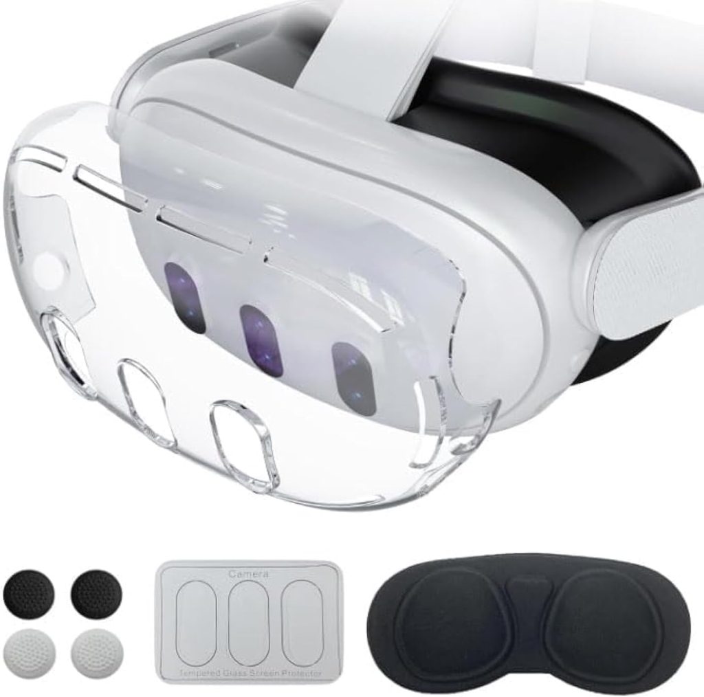 Replacement Kit Fit for Meta Quest 3, Included Transparent Shell Cover, Lens Tempered Glass Protector, Protective Lens Cover, Joystick Caps, Accelerates Heat Dissipation(Remove Case for Charging)