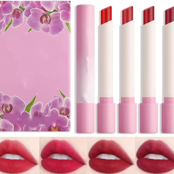 4 Colors Tube Lipstick Set, Mate Velvet Lipstick Moisturizer and Smooth, Red Lip Stain Long Lasting 24 Hours Waterproof Lip Tinet