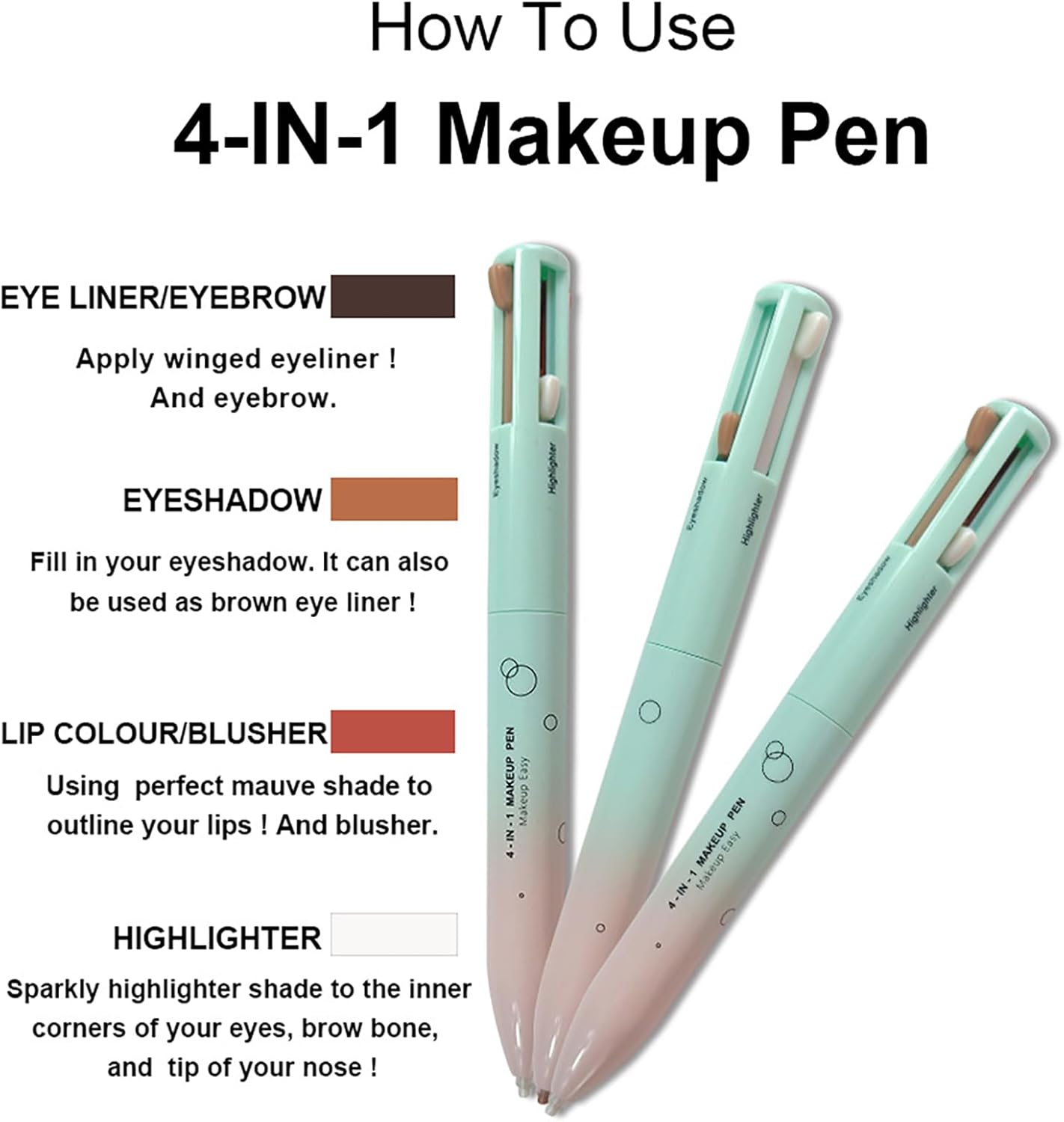 61sIxmInjEL._AC_SL1500_.jpg 4 in 1 Makeup Pen, Eyebrow/Eyeliner, Eyeshadow, Highlighter, Lip Liner - Waterproof, 4 Color Portable Beauty Pen for Daily & Travel Makeup, Easy-To-Apply, 1 Count - الصورة 5
