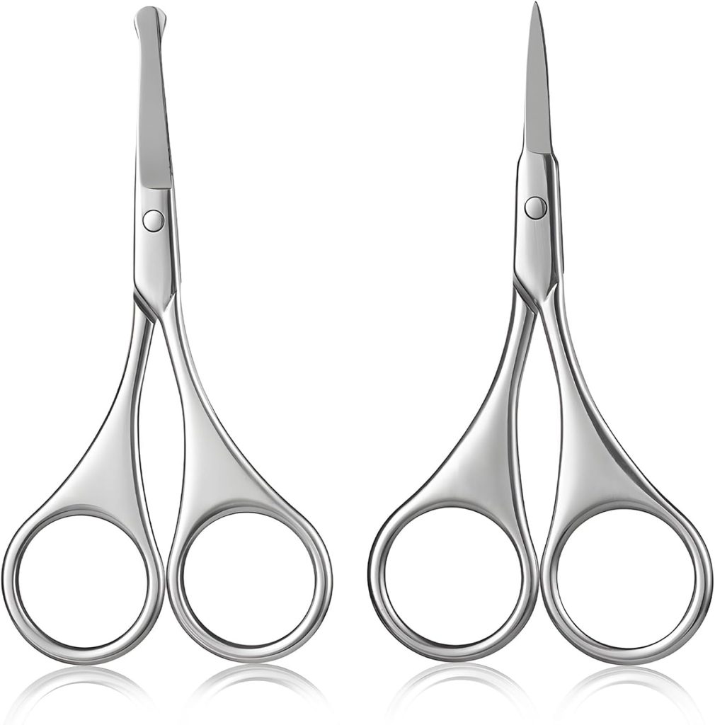 AXIYIBZI 2Pcs Facial Hair Small Grooming Scissors For Men Women - Eyebrow, Nose Hair, Mustache, Beard, Eyelashes, Ear Trimming Kit - Curved and Rounded Safety Tip Clippers For Hair Cutting - Silver