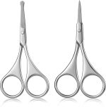 AXIYIBZI 2Pcs Facial Hair Small Grooming Scissors For Men Women - Eyebrow, Nose Hair, Mustache, Beard, Eyelashes, Ear Trimming Kit - Curved and Rounded Safety Tip Clippers For Hair Cutting - Silver